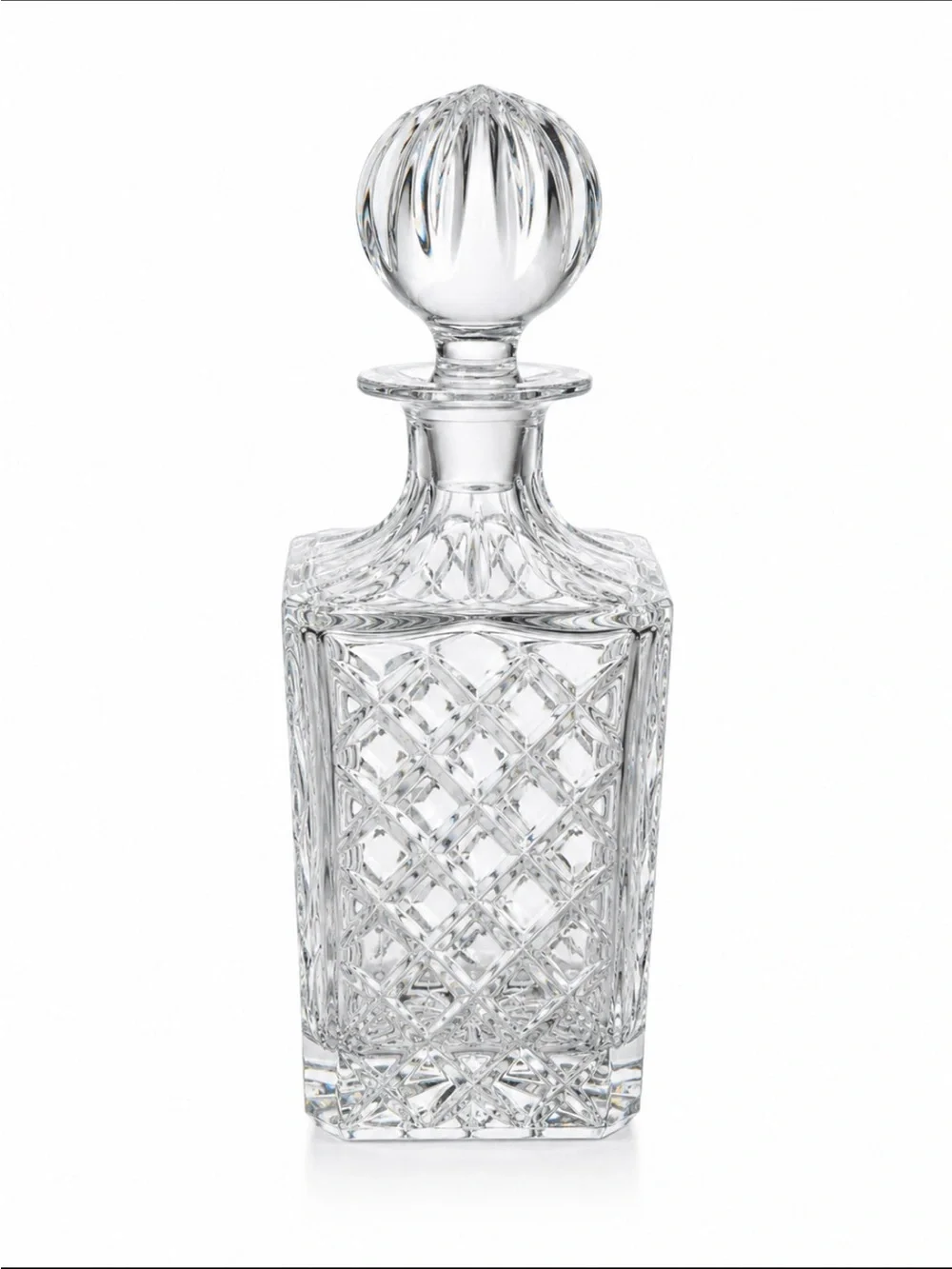Vintage BLOCK Crystal Decanter Cut Glass Diamond Pattern ~Ball Stopper ~10”